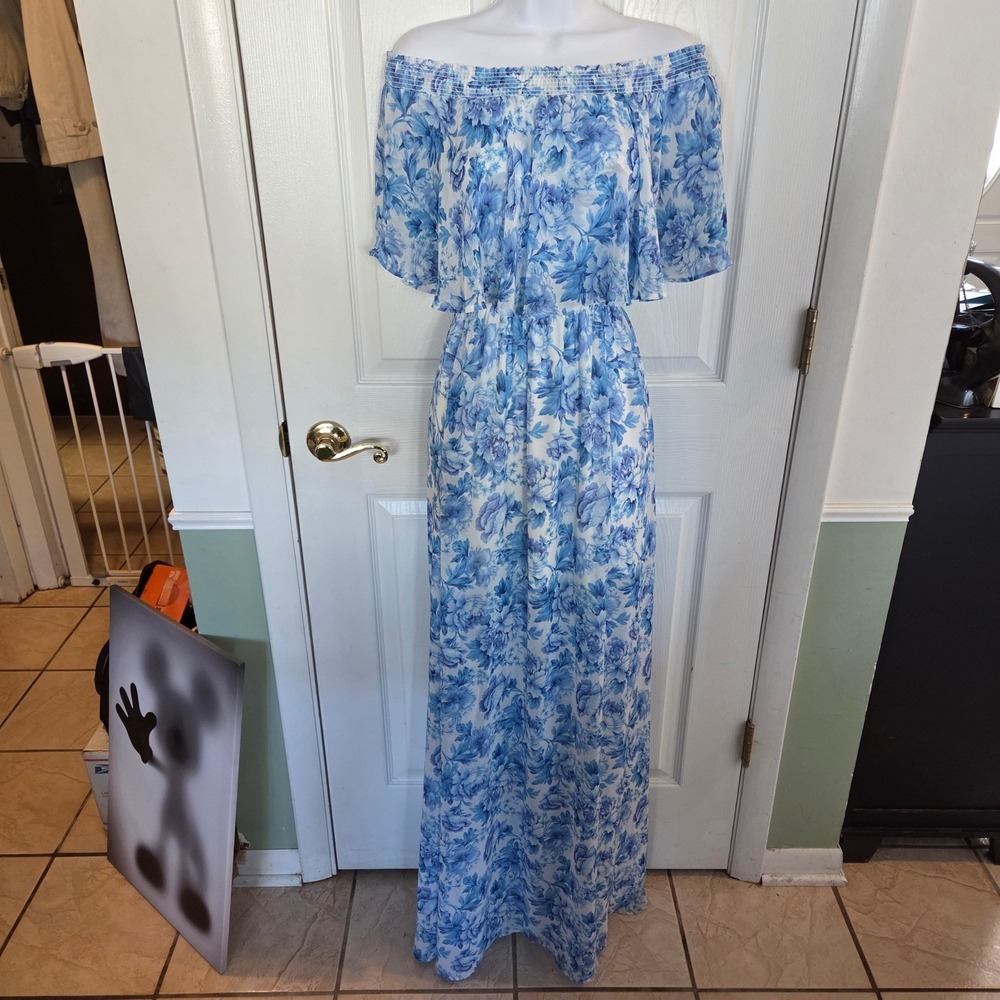 Show Me Your Mumu Amanda Maxi Dress Blue White Floral Off Shoulder XS Boho Slit